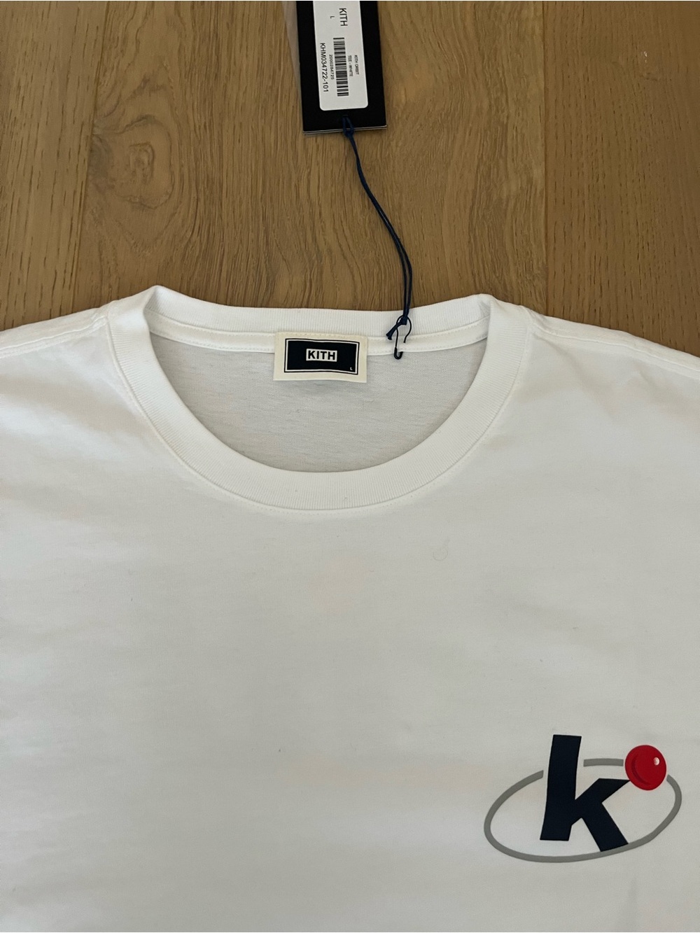 KITH White Short Sleeve Logo Tee with Navy & Red Accent